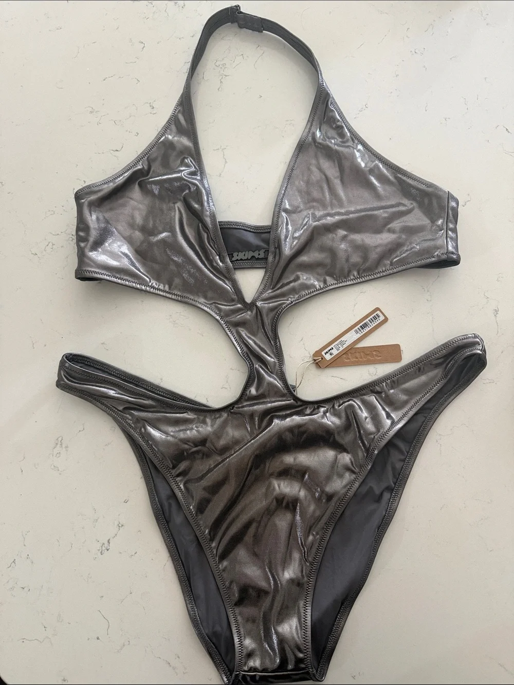NWT SKIMS Metallic Swim Halter Monokini Swimsuit in Carbon 2X